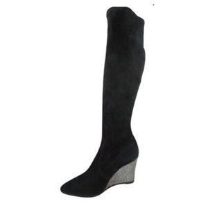 Women's STUART WEITZMAN Black Suede Gold Glitter Wedge Heel Knee High Boots